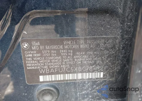 2011 BMW 535I xDrive from USA, damaged, VIN WBAFU7C5XBC781199